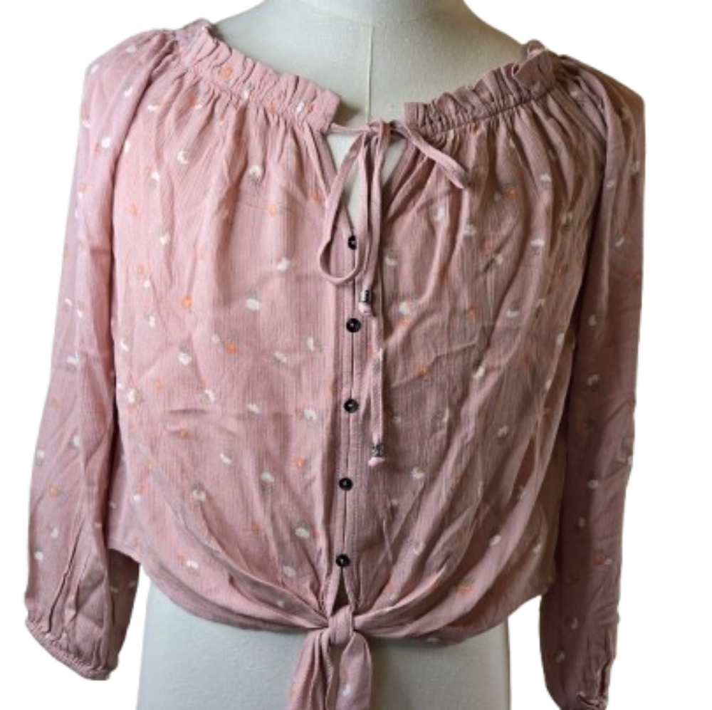 Hippie Rose Dusty Pink Peasant Tie-Front Blouse